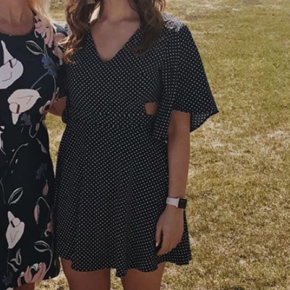 Navy and white polka dot dress